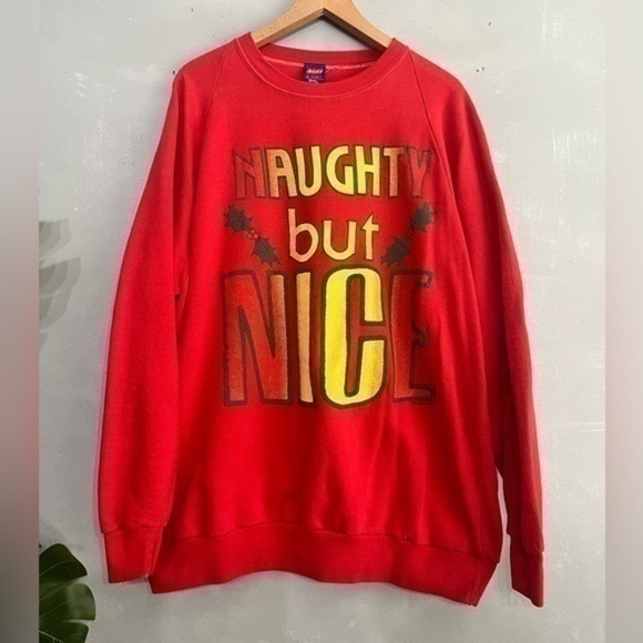 Vintage |  Naughty but Nice Festive Christmas Ugly Sweater crewneck red - 3XL - Picture 2 of 6